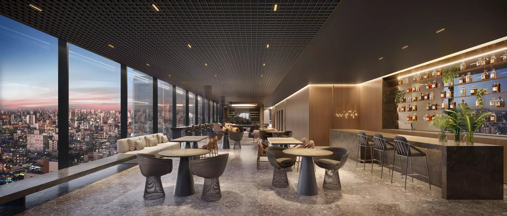 Lounge premium com vista panorâmica do skyline de Porto Alegre ao crepúsculo